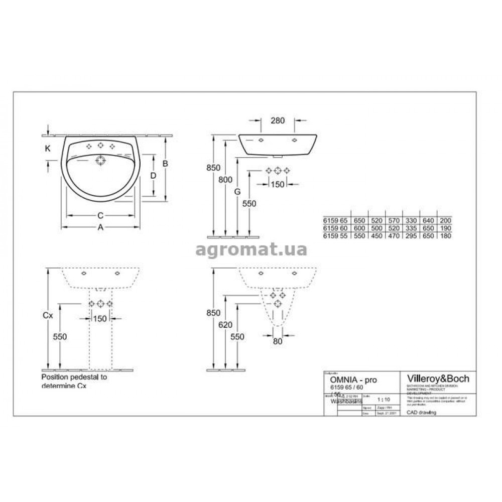 Раковины и ножки Villeroy&Boch 613955R1 Omnia Pro Раковина