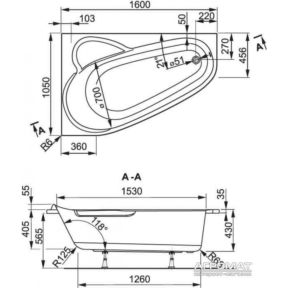Акриловая ванна VAGNERPLAST Selena VPBA163SEL3PX-01/NO