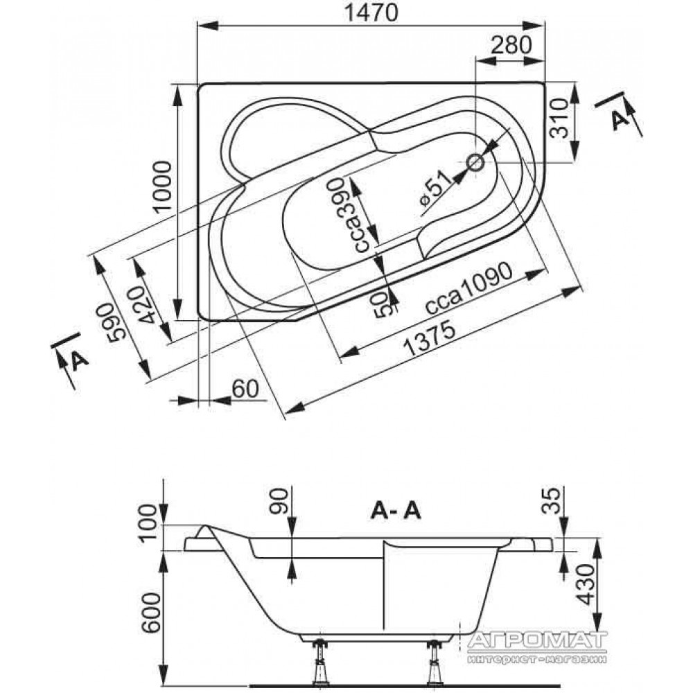 Акриловая ванна VAGNERPLAST Selena 147x100 R VPBA141SEL3PE-01/NO