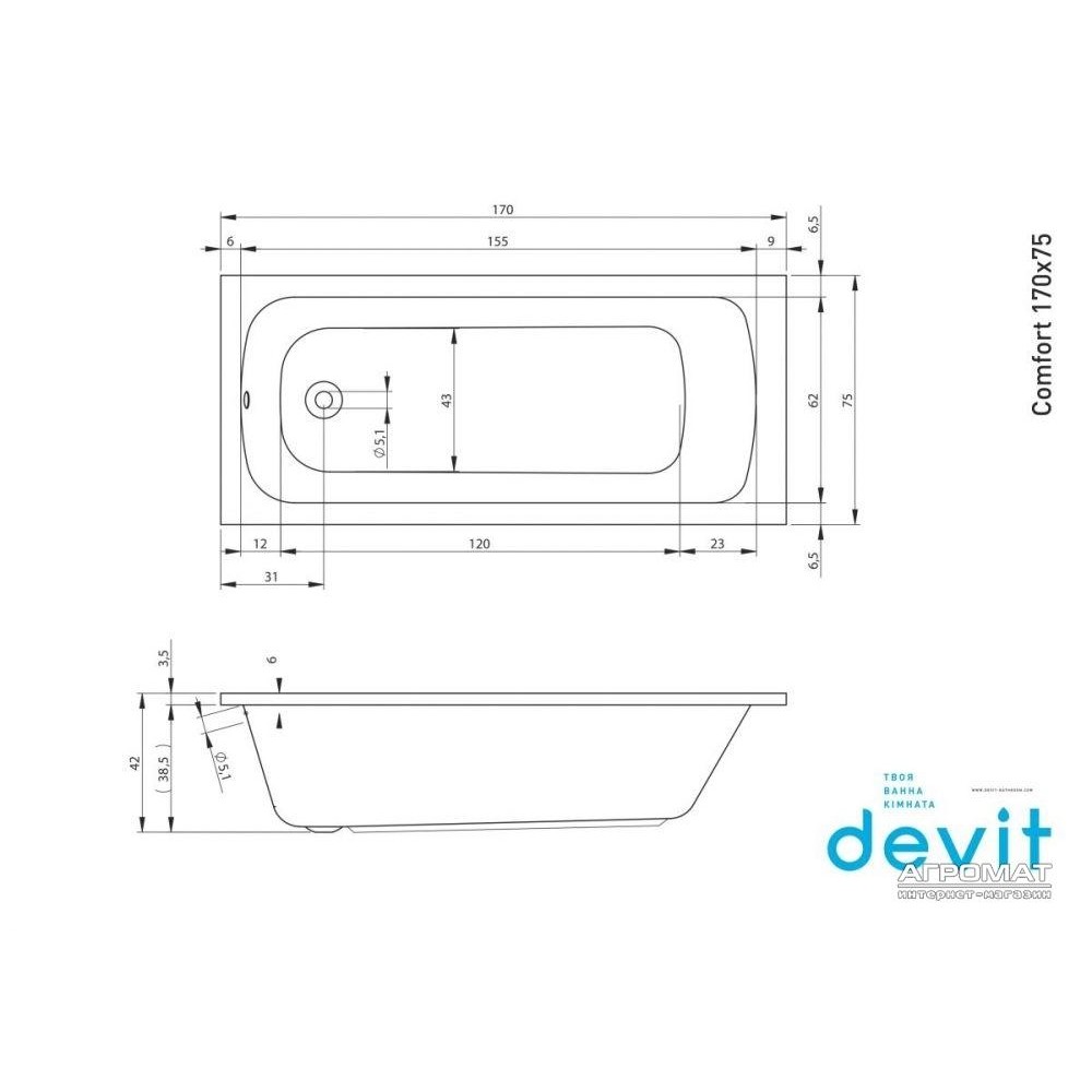 Акриловая ванна Devit Comfort 17075123 170х75 см