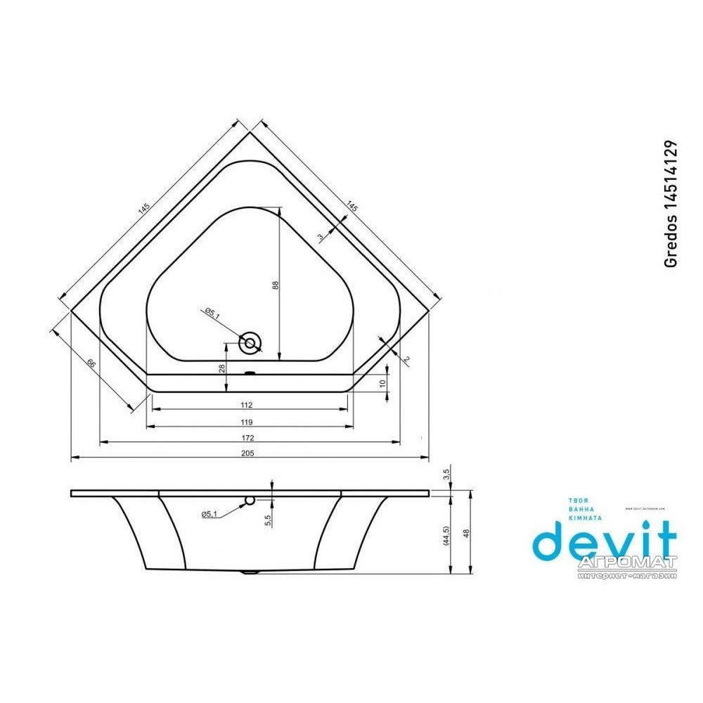 Акриловая ванна Devit Gredos 14514129 145х145 см, угловая