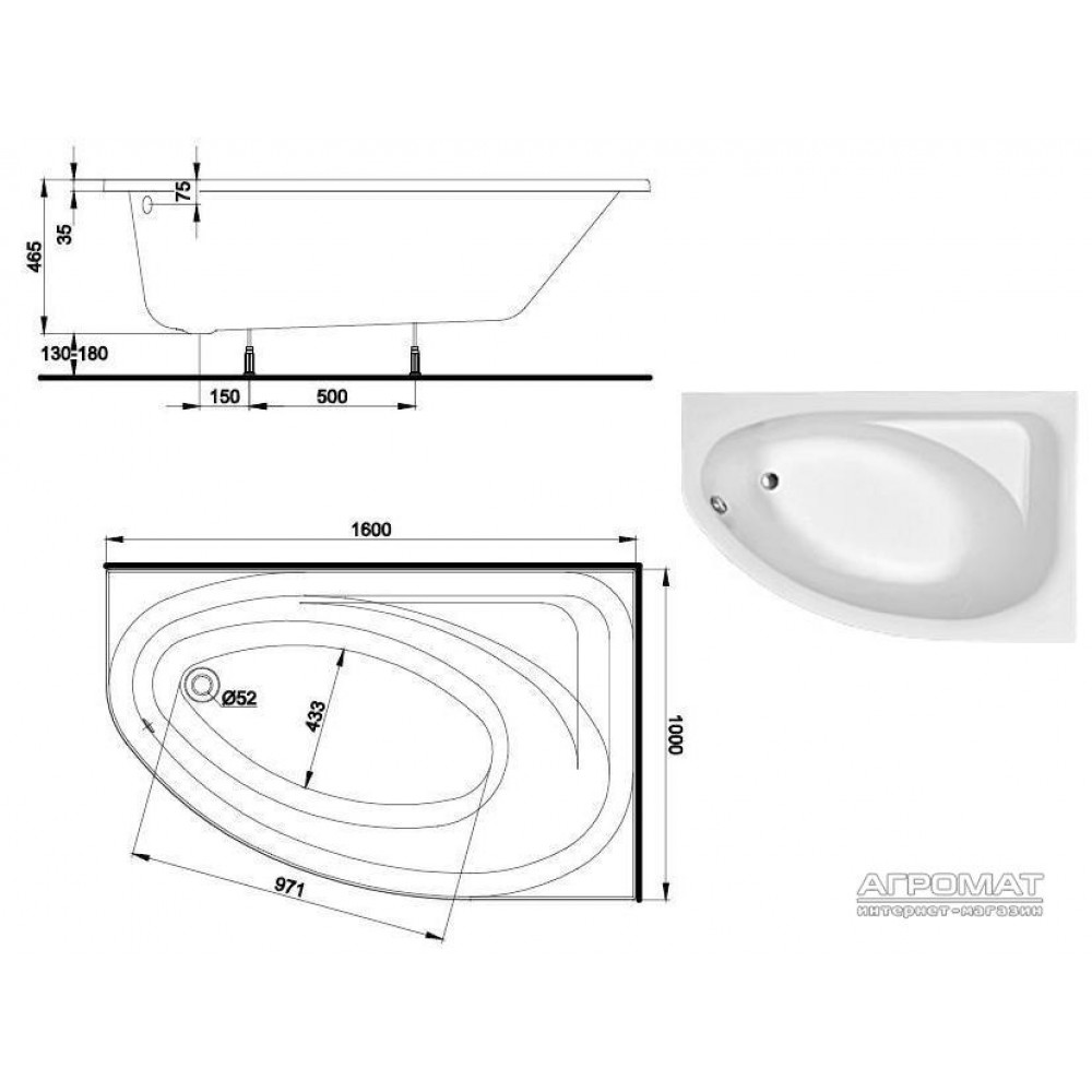 Акриловая ванна Kolo Spring XWA3060 160х100 правая