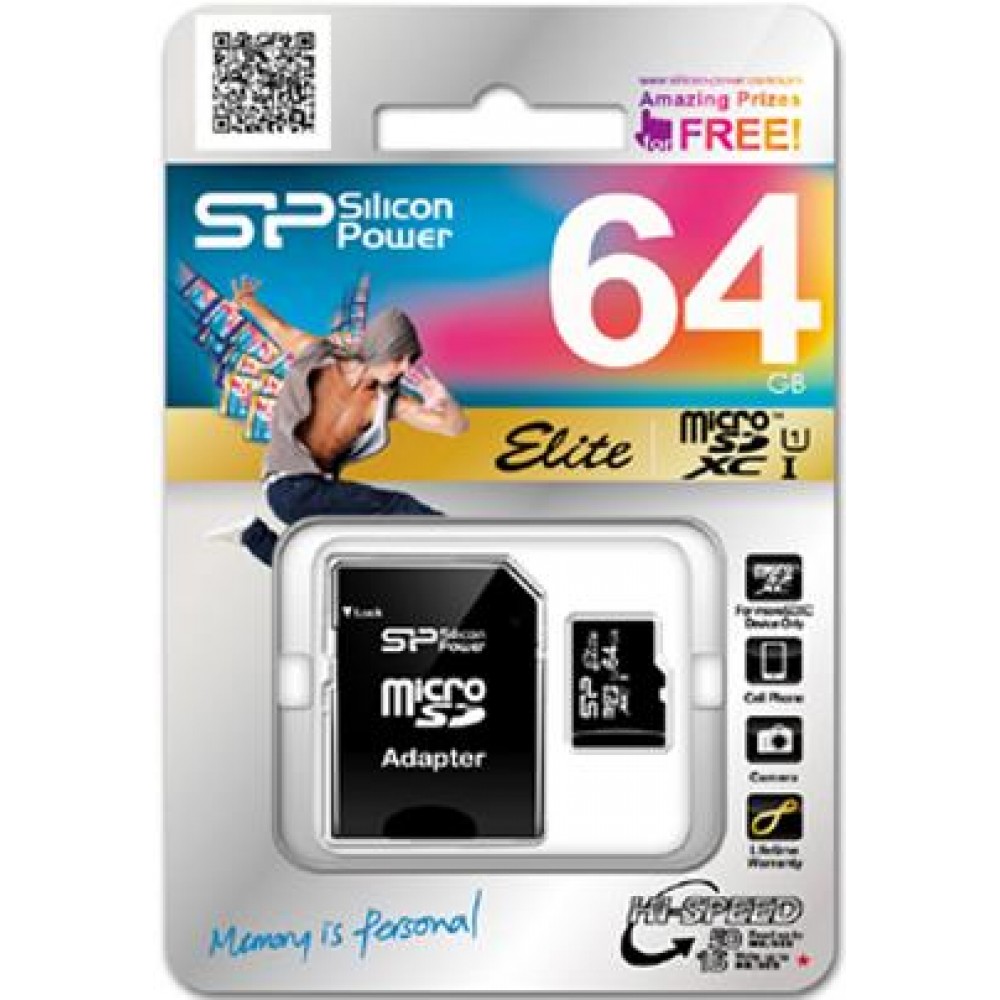 Карта памяти Silicon Power microSDXC 64 GB Class 10 UHS-I Elite (+ адаптер)