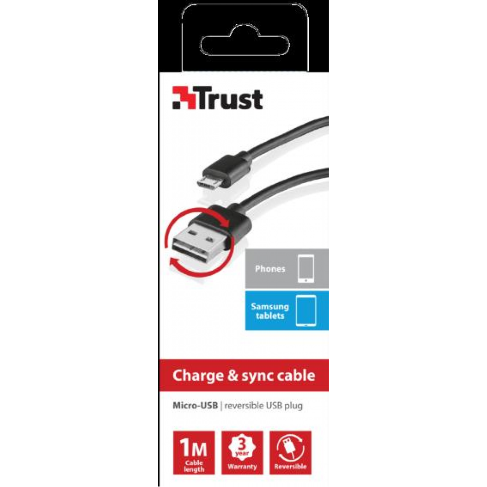 Кабель микро- USB для зарядки и синхронизации TRUST REVERSIBLE USB CHARGE & SYNC CABLE 1M