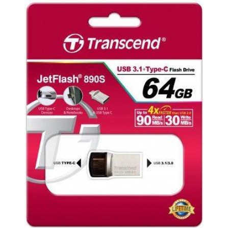 Flash Drives Transcend JetFlash 890 64GB, Type-C, USB 3.1/3.0 Silver
