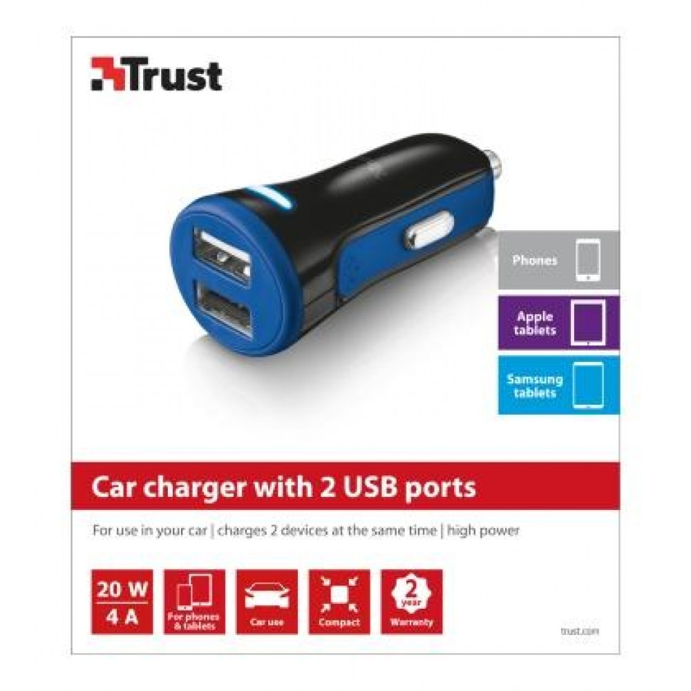 Автомобильное зарядное устройство Trust 20W Car Charger with 2 USB port Blue