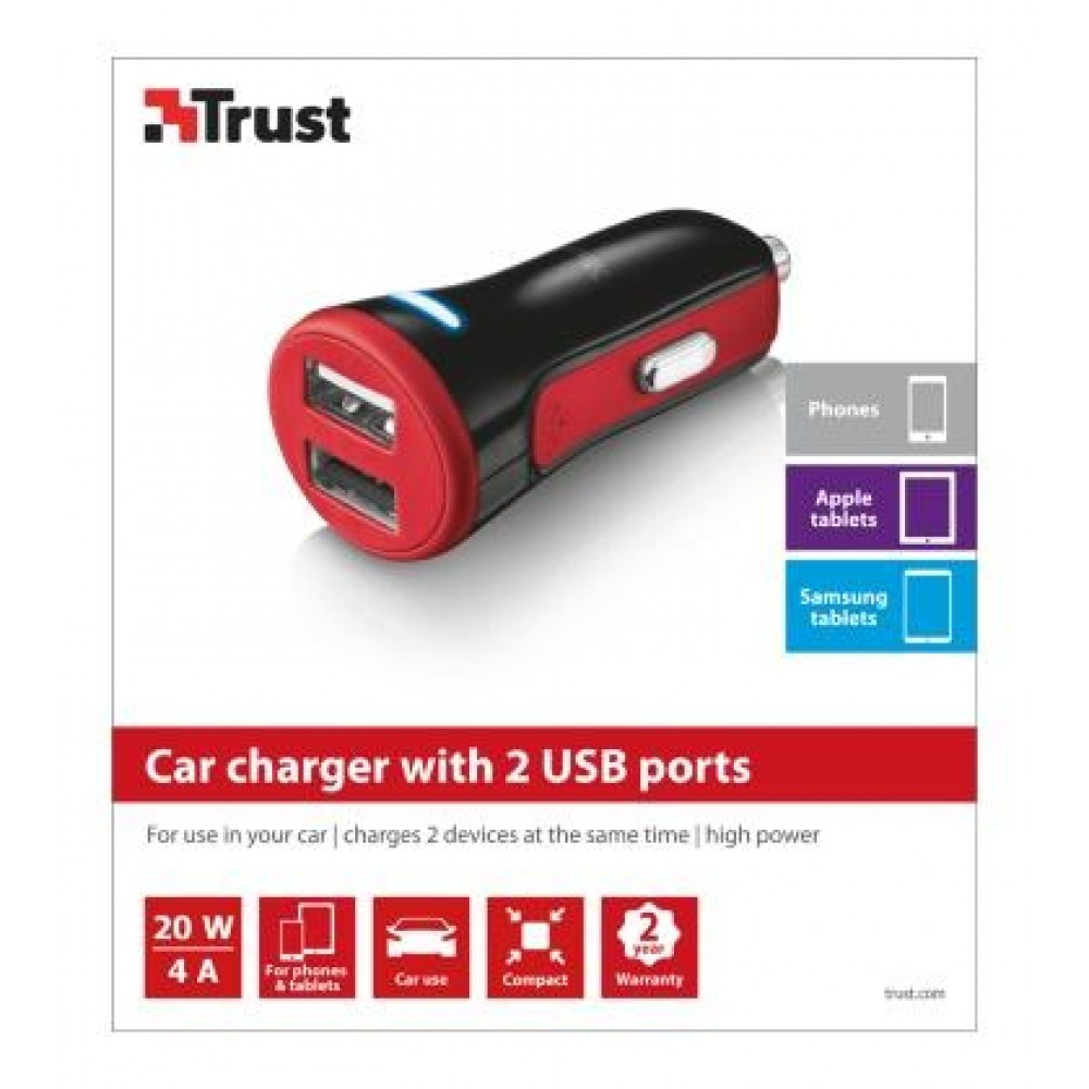 Автомобильное зарядное устройство Trust 20W Car Charger with 2 USB port Red