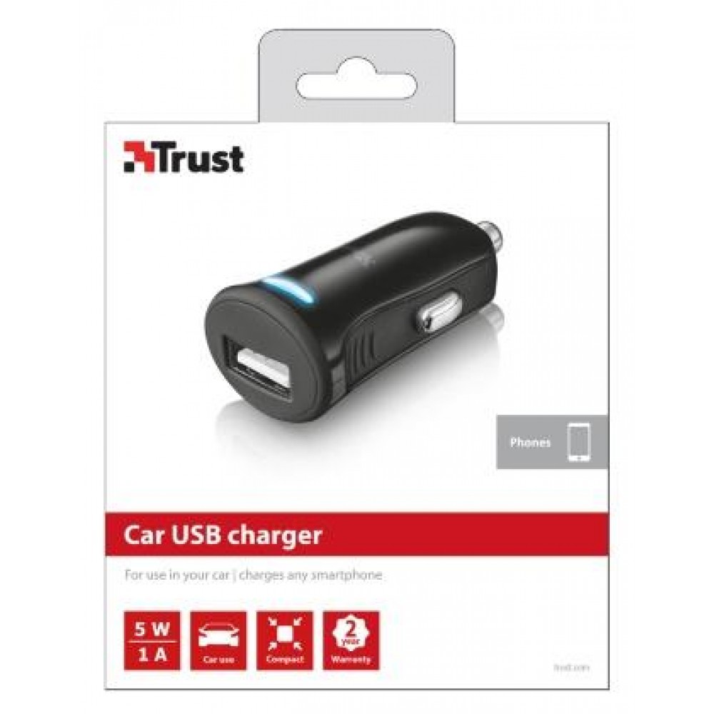 Автомобильное зарядное устройство Trust 5W Car Charger Black