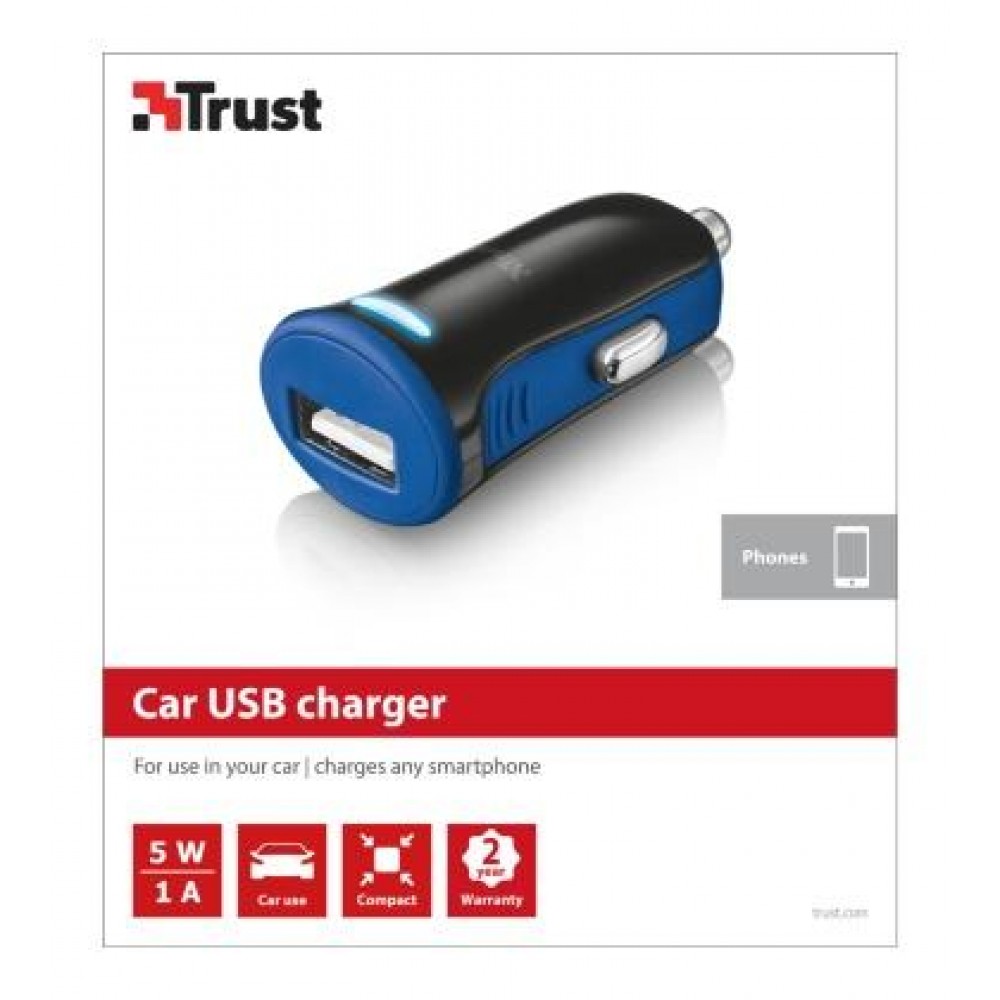 Автомобильное зарядное устройство Trust 5W Car Charger Blue