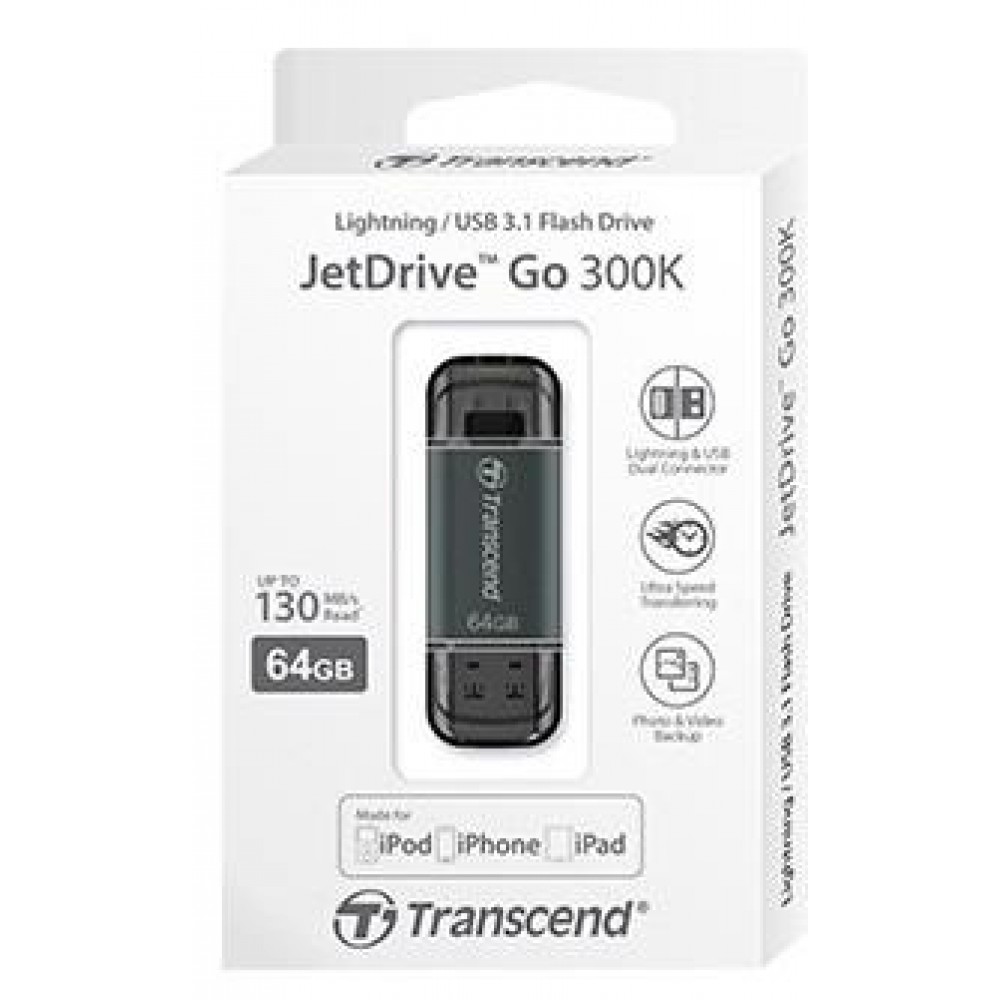 Flash Drive Transcend JetDrive Go 300 64GB, Lightning/USB 3.1 Black