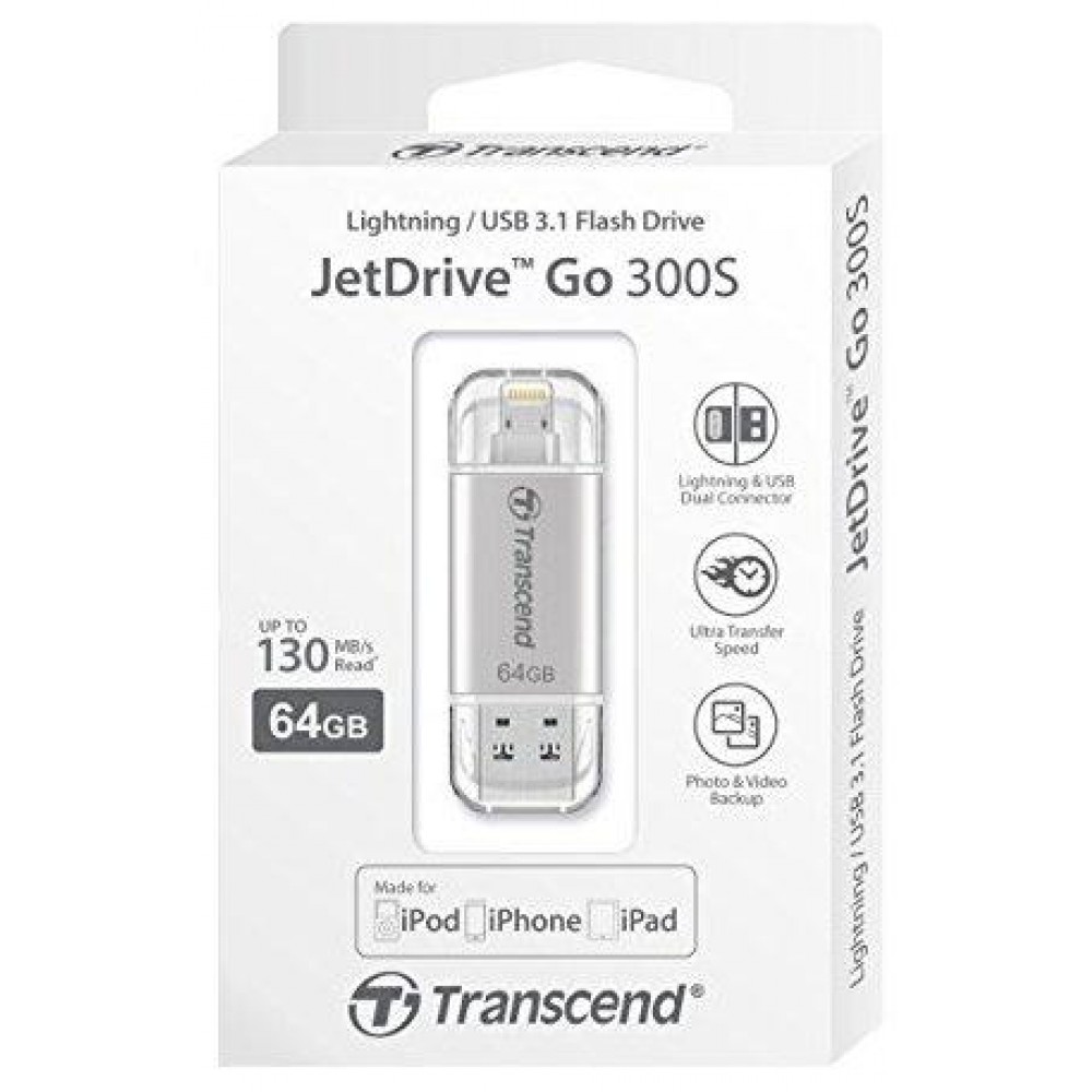 Flash Drive Transcend JetDrive Go 300 64GB, Lightning/USB 3.1 Silver